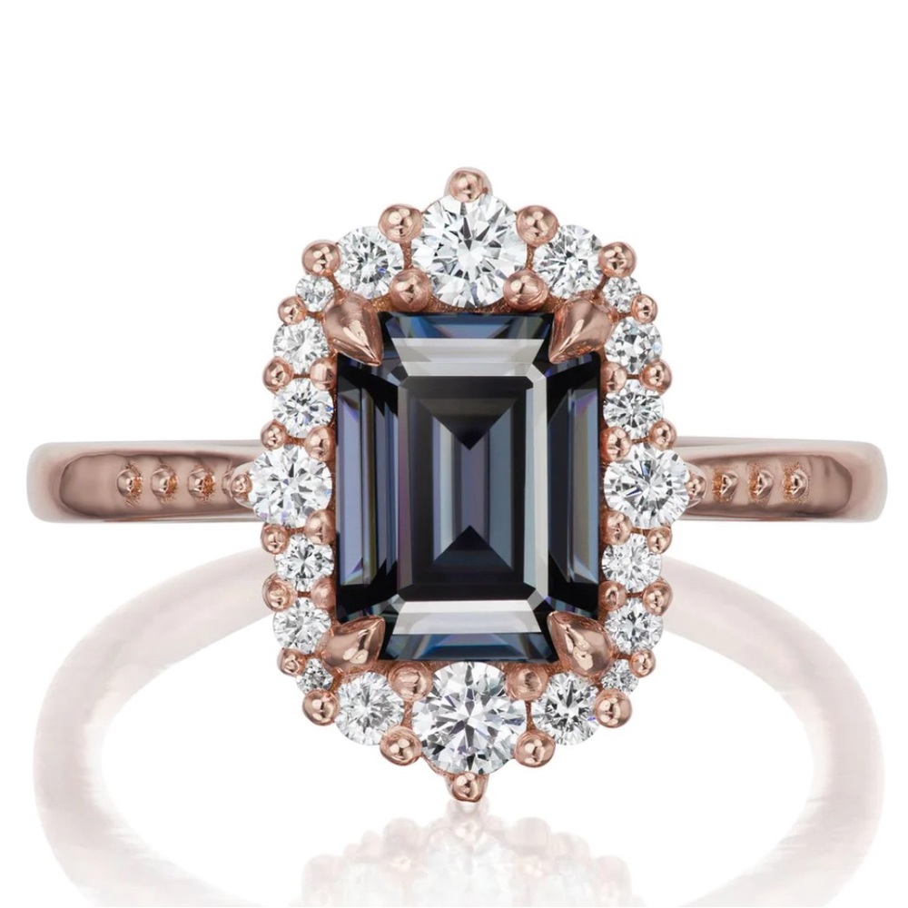 Kristin Coffin Adeline Ring Emerald Cut Grey Moissanite Diamond Halo size 5.25